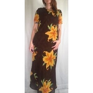 90’s Vintage ‘Gabrielle’ Brown Tiger Lily Floral Chiffon Bias Cut Maxi Dress